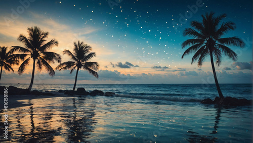 Tropical Paradise  Palm Trees Silhouetted Against Sparkling Ocean.