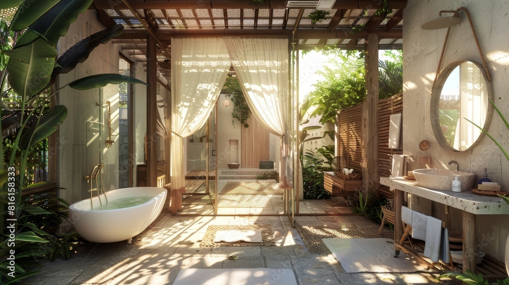 Fototapeta premium Character Design of Bathroom with a canopy to provide shade and a cool breeze in hot weather,soft afternoon light,