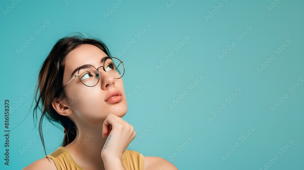 Portrait of creative gorgeous person arm touch chin look empty space brainstorming isolated on blue color background : Generative AI Portrait of creative gorgeous person arm touch chin look empty space brainstorming isolated on blue color background : Generative AI