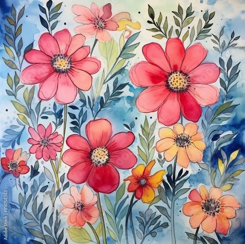 Red flowers, naive style, creative watercolor illustration