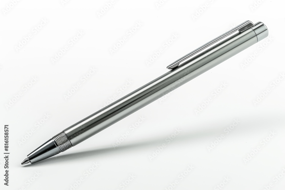 A shiny silver pen isolated against a plain white backdrop, standing alone, with no background. Concept of writing and expression. Generative Ai. A shiny silver pen isolated against a plain white backdrop, standing alone, with no background. Concept of writing and expression. Generative Ai.