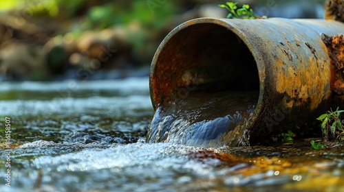 Old Pipe Leaking Water into Forest Stream, Issue of Pollution and Ecology