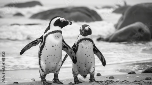 Two penguins stand side by side on a beach, creating a sense of companionship in the wild, in monochrome tones