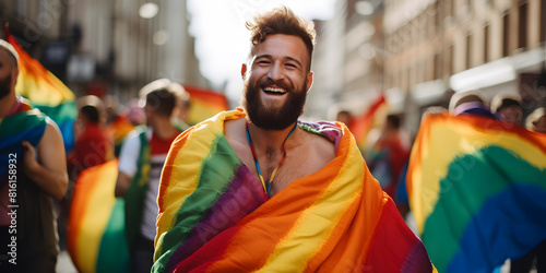Portrait of a happy young man in the crowd people with colorful lgbt flags, gay pride month concept  