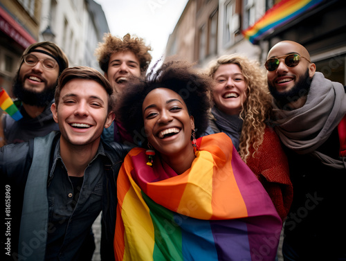 Portrait of a group happy young people with colorful lgbt flags, gay pride month concept 