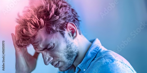 Man experiencing physical discomfort while clutching his head. Concept Headache, Pain, Discomfort, Symptoms, Health photo