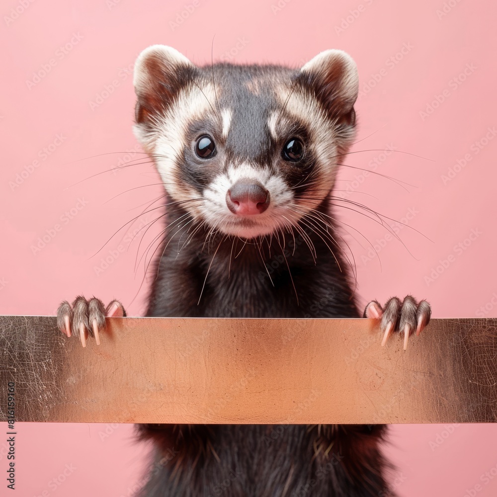 Joyful ferret peeking from behind a copper banner, isolated on a pastel rose background Joyful ferret peeking from behind a copper banner, isolated on a pastel rose background