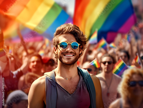 Portrait of a happy young man in the crowd people with colorful lgbt flags, gay pride month concept   © TatjanaMeininger