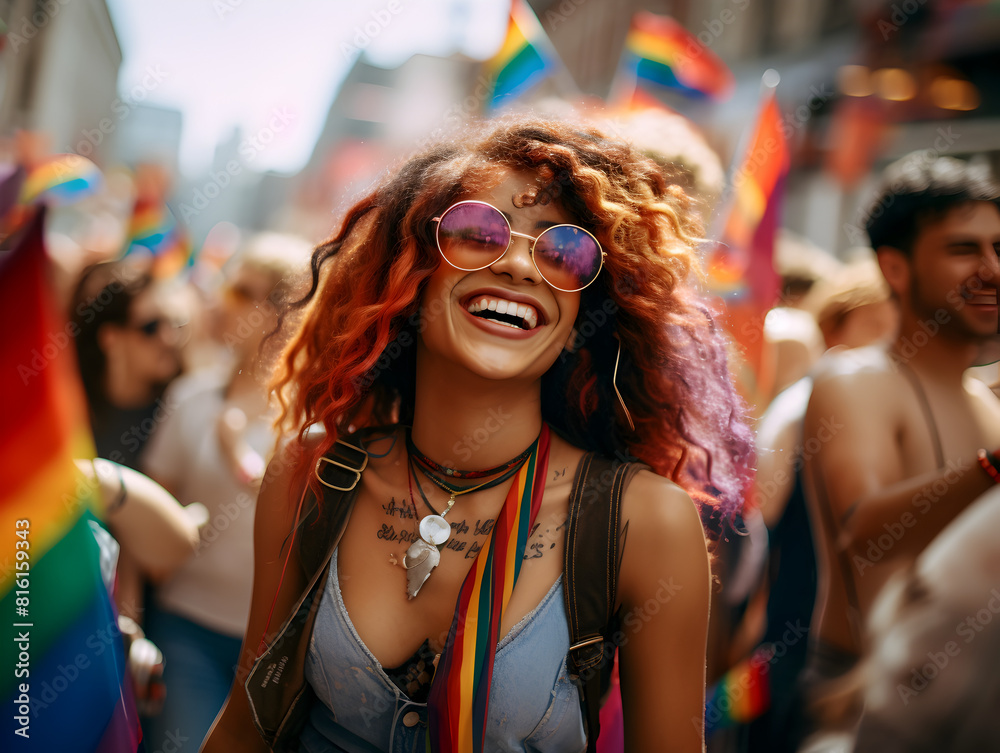 Portrait of a happy young woman in the crowd people with colorful lgbt flags, gay pride month concept Portrait of a happy young woman in the crowd people with colorful lgbt flags, gay pride month concept