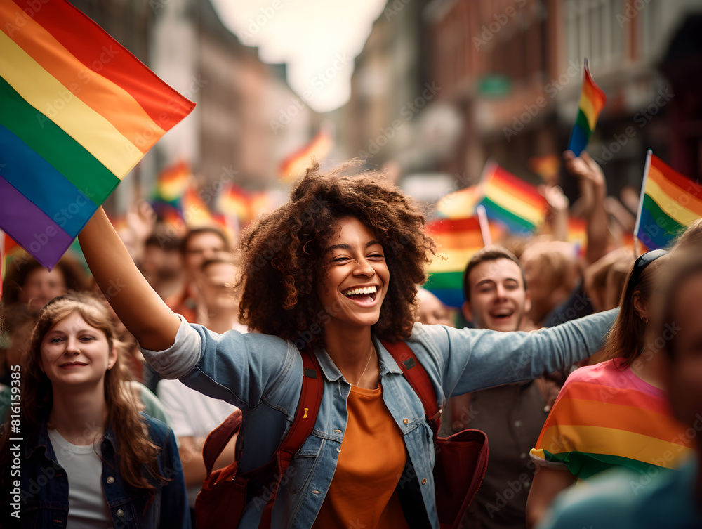 Fototapeta premium Portrait of a happy young woman in the crowd people with colorful lgbt flags, gay pride month concept 