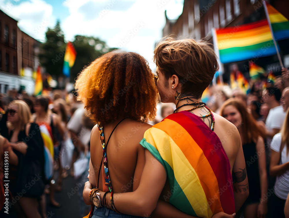 Back view of a young people in the crowd people with colorful lgbt flags, gay pride month concept  