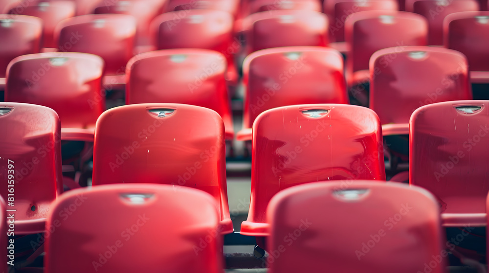 Naklejka premium Empty vacant small stadium seats outdoors bleachers nobody no people cancelled sports event nobody present at a sport show simple abstract concept Chair rows up close copy space side v : Generative AI