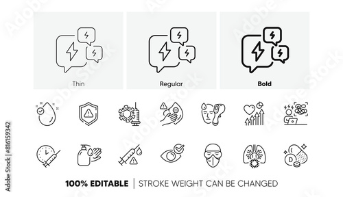 Medical mask, Vaccine attention and Stress line icons. Pack of Heart beat, Vitamin e, Difficult stress icon. Electronic thermometer, Dirty mask, Wash hands pictogram. Coronavirus vaccine. Vector