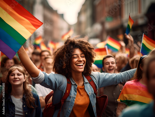 Portrait of a happy young woman in the crowd people with colorful lgbt flags, gay pride month concept   © TatjanaMeininger