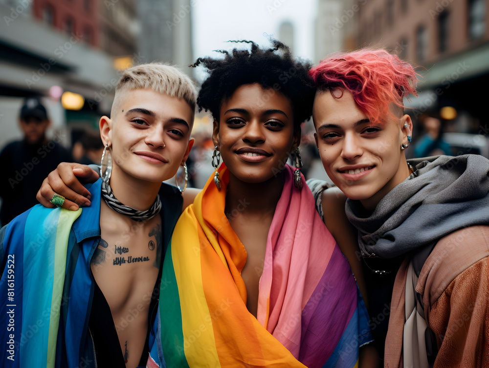 Obraz premium Portrait of a happy young people with colorful lgbt flag in the crowd in the city, pride month concept 