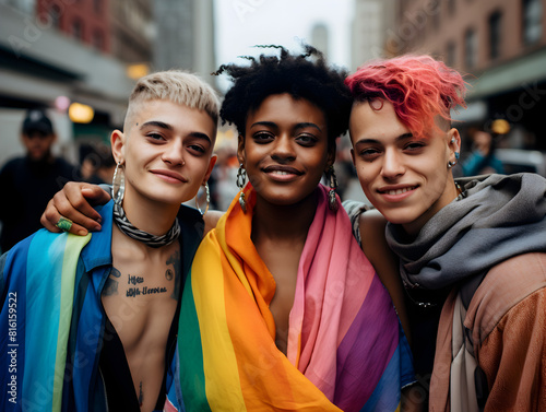 Portrait of a happy young people with colorful lgbt flag in the crowd in the city, pride month concept   © TatjanaMeininger