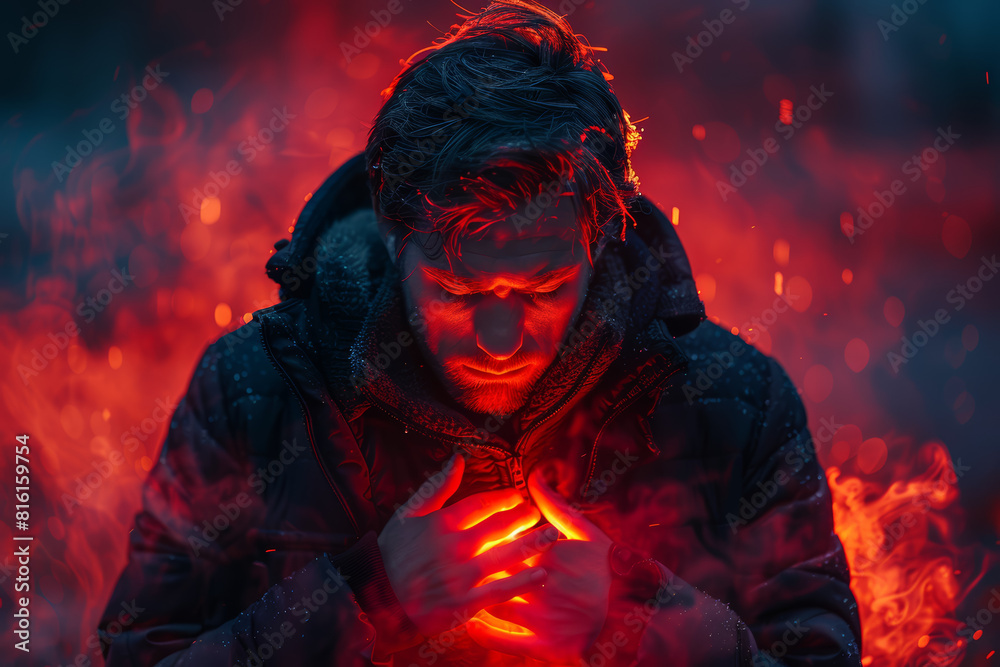 A person clutching their chest, their heart pounding with anxiety and worry. Concept of cardiovascular stress and emotional strain. Generative Ai. A person clutching their chest, their heart pounding with anxiety and worry. Concept of cardiovascular stress and emotional strain. Generative Ai.