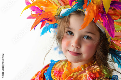 Cute girl in carnival clothes on white background. Celebrating carnival.