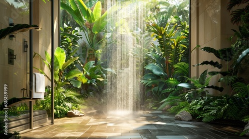Open-plan bathroom with a waterfall shower and surrounding tropical plantsphoto realistic, natural lighting, high resolution photography photo