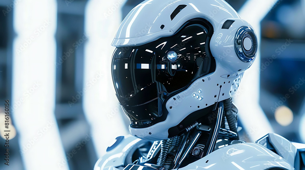 Fototapeta premium The robot is wearing a white helmet with a black visor. It has a metal body and blue lights on its shoulders. The background is blurred.