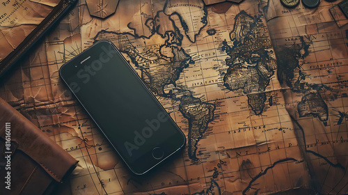 The image shows a smartphone on the background of the old world map. photo