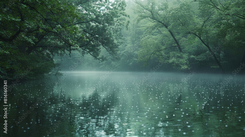 A peaceful forest river with raindrops creating a misty, serene atmosphere and reflections on the water. A peaceful forest river with raindrops creating a misty, serene atmosphere and reflections on the water.