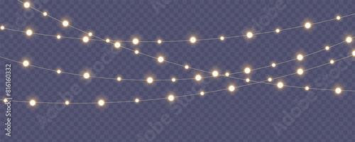 Christmas lights isolated. Glowing garlands on transparent dark background. Realistic luminous elements. Bright light bulbs for poster, card, brochure or web. Vector illustration