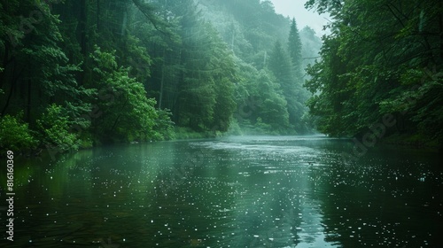 A peaceful forest river with raindrops creating a misty, serene atmosphere and reflections on the water. photo