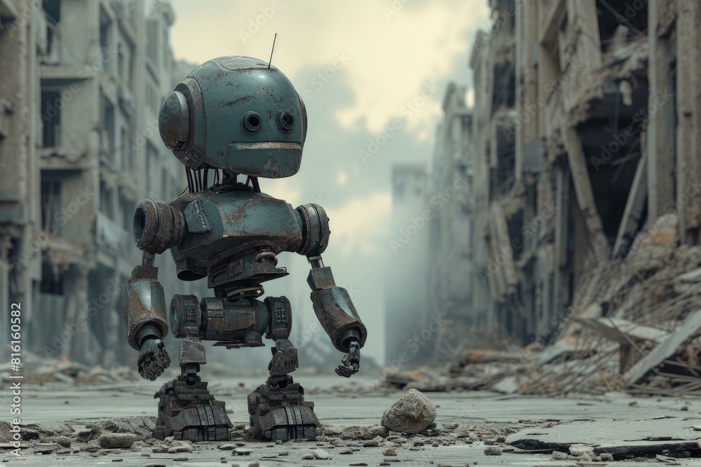 Somber scene of a robot standing amidst the ruins of a desolated city, conveying isolation Somber scene of a robot standing amidst the ruins of a desolated city, conveying isolation