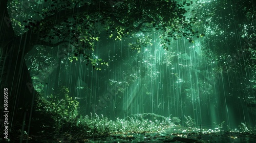 An ethereal forest with shafts of light piercing through the canopy and rain  illuminating the forest floor.
