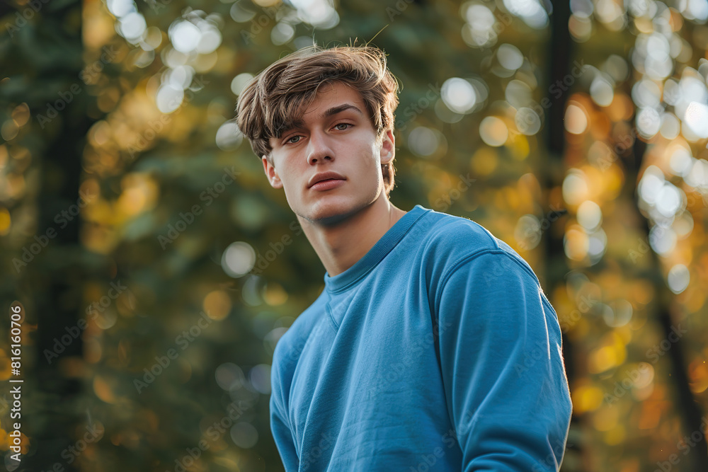 Young attractive man in blue sweatshirt on summer park background Young attractive man in blue sweatshirt on summer park background