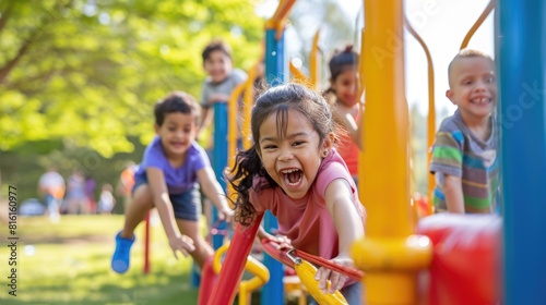 A group of children playing in a park, laughter and joy, diverse ages and ethnicities, sunny day, green grass and playground equipment. Resplendent.