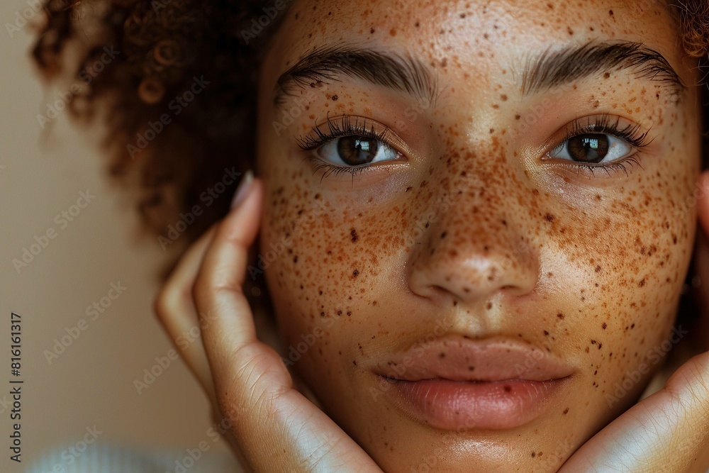 Beauty, portrait and natural face of black woman with healthy freckle skin texture touch. Aesthetic, facial and skincare cosmetic model girl touching cheeks for self love and wellness. Beauty, portrait and natural face of black woman with healthy freckle skin texture touch. Aesthetic, facial and skincare cosmetic model girl touching cheeks for self love and wellness.
