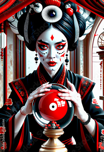 A beautiful mysterious oriental Asian fortune teller predicts fate on a magic ball