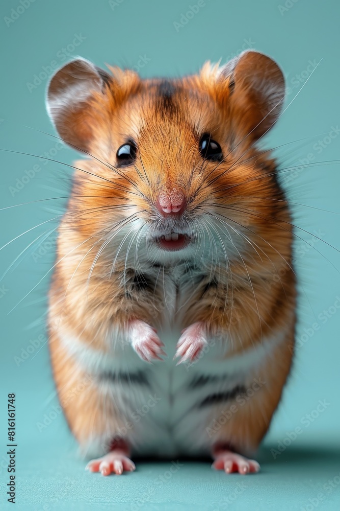 A cheerful hamster playfully hides behind a vibrant orange banner against a soft violet backdrop A cheerful hamster playfully hides behind a vibrant orange banner against a soft violet backdrop