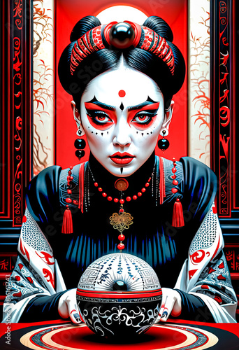 A beautiful mysterious oriental Asian fortune teller predicts fate on a magic ball