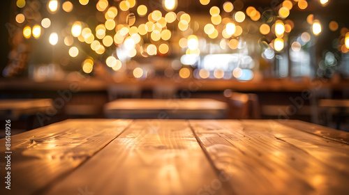 Empty wooden table top with lights bokeh on blur restaurant background   Generative AI