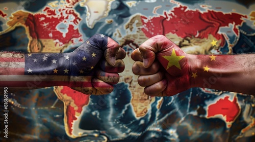 Global Diplomacy: USA-China Fist Over World Map
