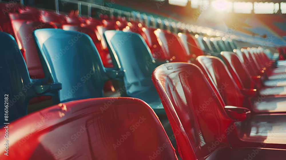 Empty old plastic chairs in the stands of the stadium Many empty seats