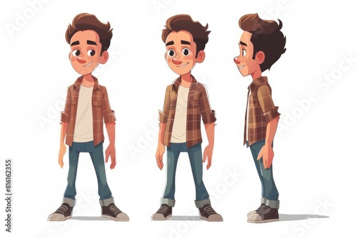 Illustration of a cheerful cartoon teenage boy in diverse poses showing front, threequarter, and side views photo