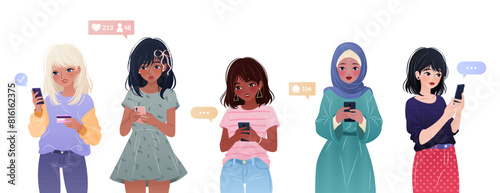 Diverse women of different ethnicities and nationalities using smartphones, surfing internet, chatting, shopping. Set of female characters, young adults holding gadgets. Isolated vector illustrations.
