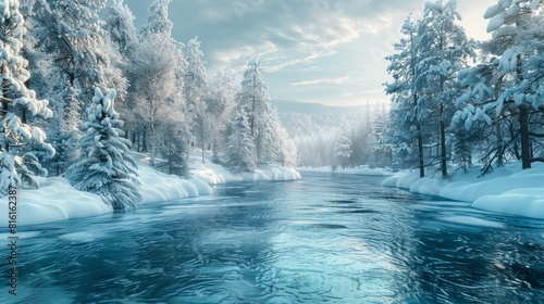 A transparent blue river and forest with snow scenery. Beautiful winter scenery background. Natural and seasonal landscape concept. hyper realistic 