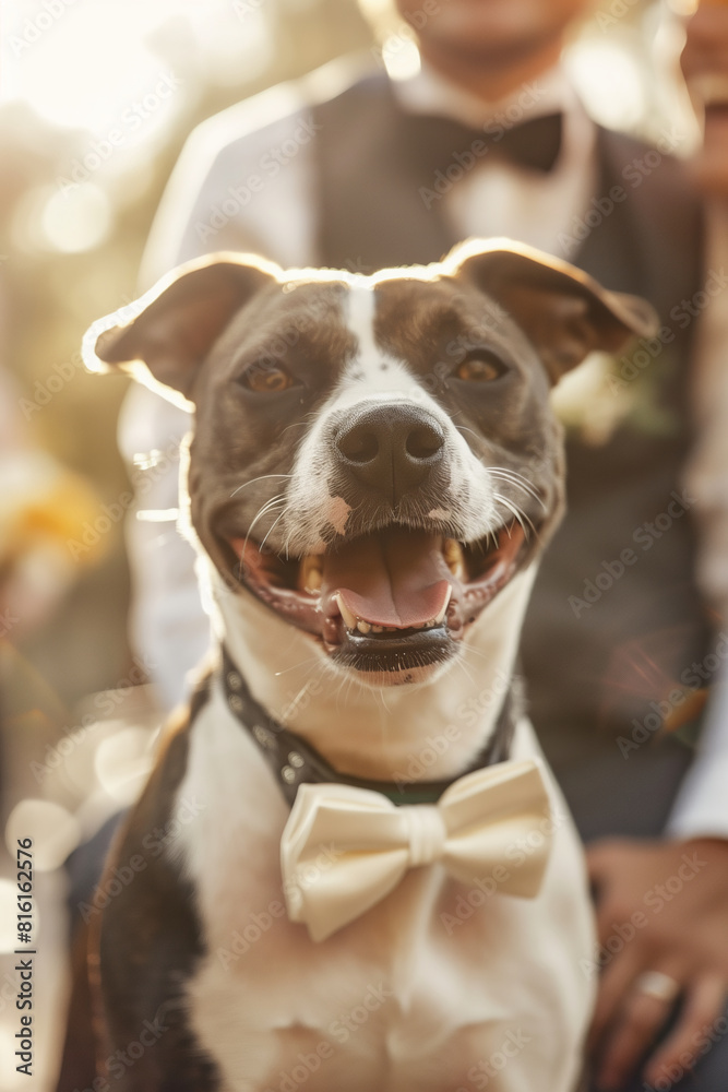 Happy friendly dog wearing a bow tie participating in outdoor wedding ceremony, with bride and groom on the background.