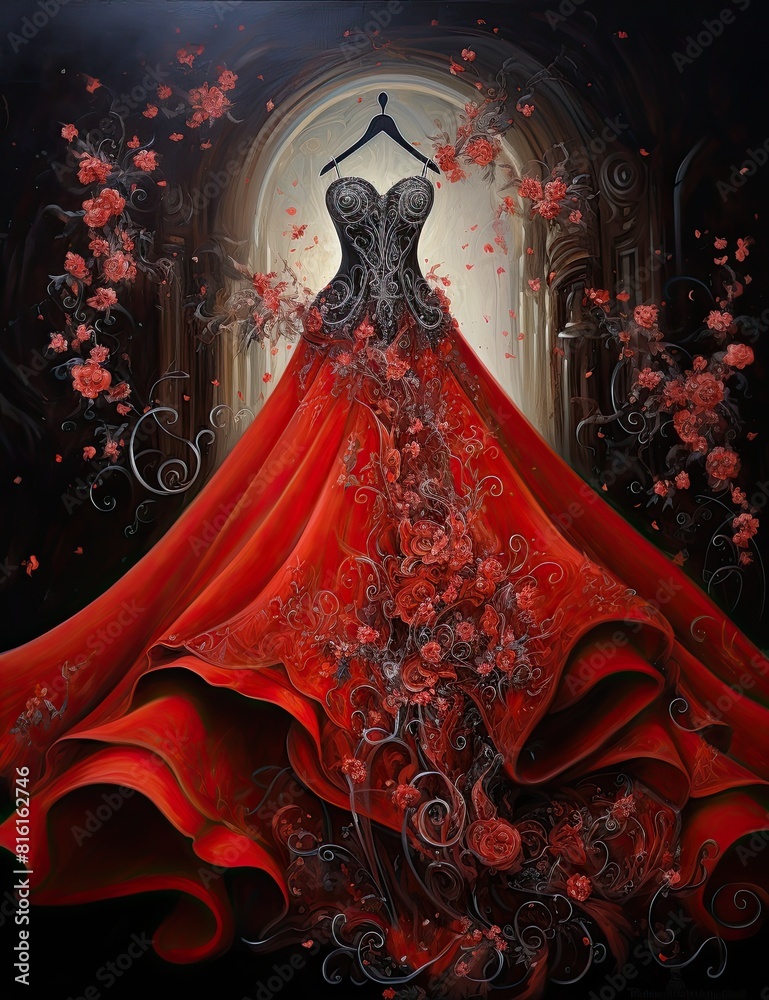 Φωτογραφία Fantasy painting of a luxury dress, matt black red grunge background with shiny
