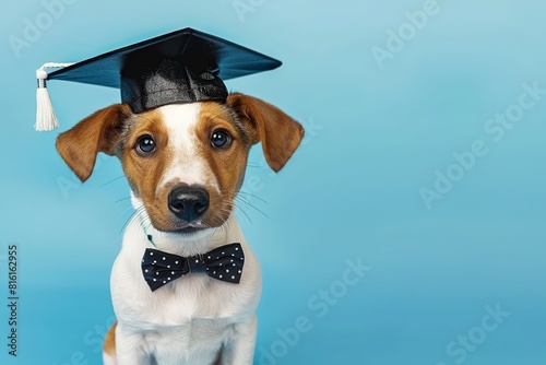 Cute dog wearing graduation hat on blue background © Alina