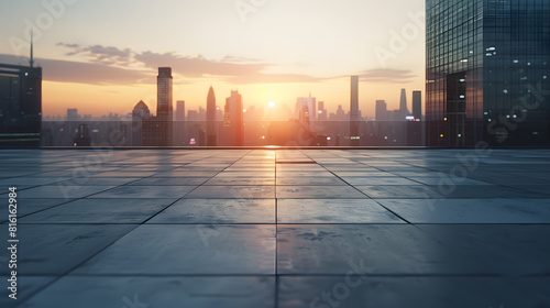 Perspective view of empty concrete floor and modern rooftop building with sunset cityscape scene Mixed media : Generative AI