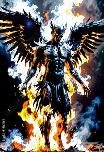Portrait of a black fallen angel on a dark background, the demon comes out of the fire