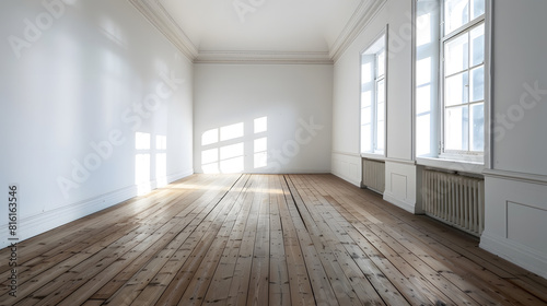 an empty room with wooden floors and white walls there is a large window in the wall to the right   Generative AI