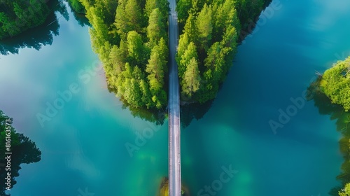 Aerial view of bridge road through blue lakes with green woods in Finland. hyper realistic 