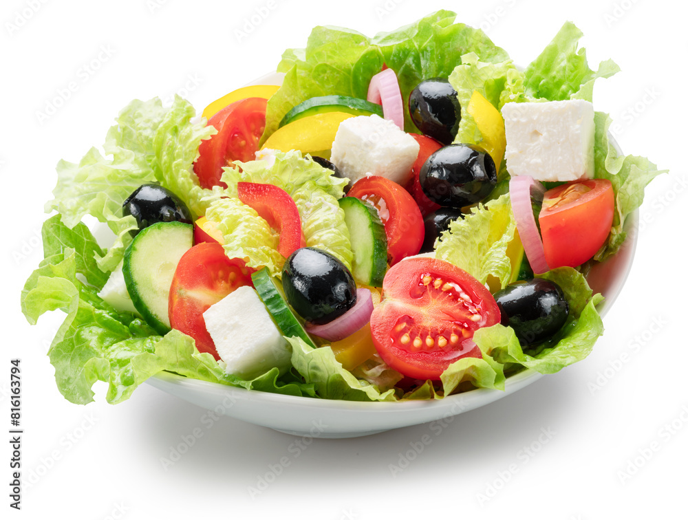 Greek salad close up on white abcground. File contains clipping path. Flat lay or top view. Greek salad close up on white abcground. File contains clipping path. Flat lay or top view.